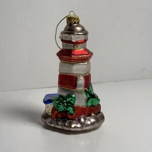 Vintage Lighthouse Ornament - Red & White Coastal Lighthouse with Blue, Green, &